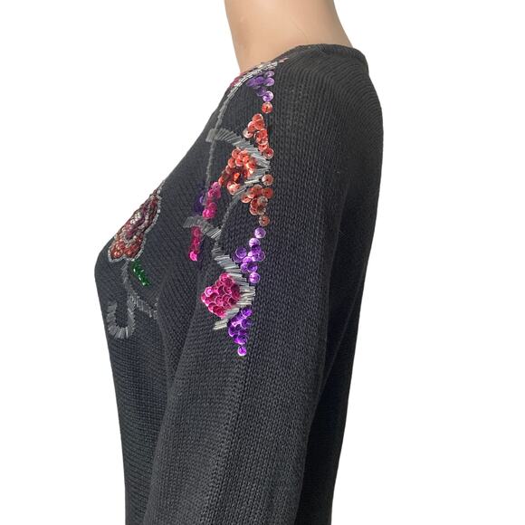 Vintage Victoria Jones Christmas Sweater Womens Sm Black Purple Beaded Sequins - Picture 9 of 13
